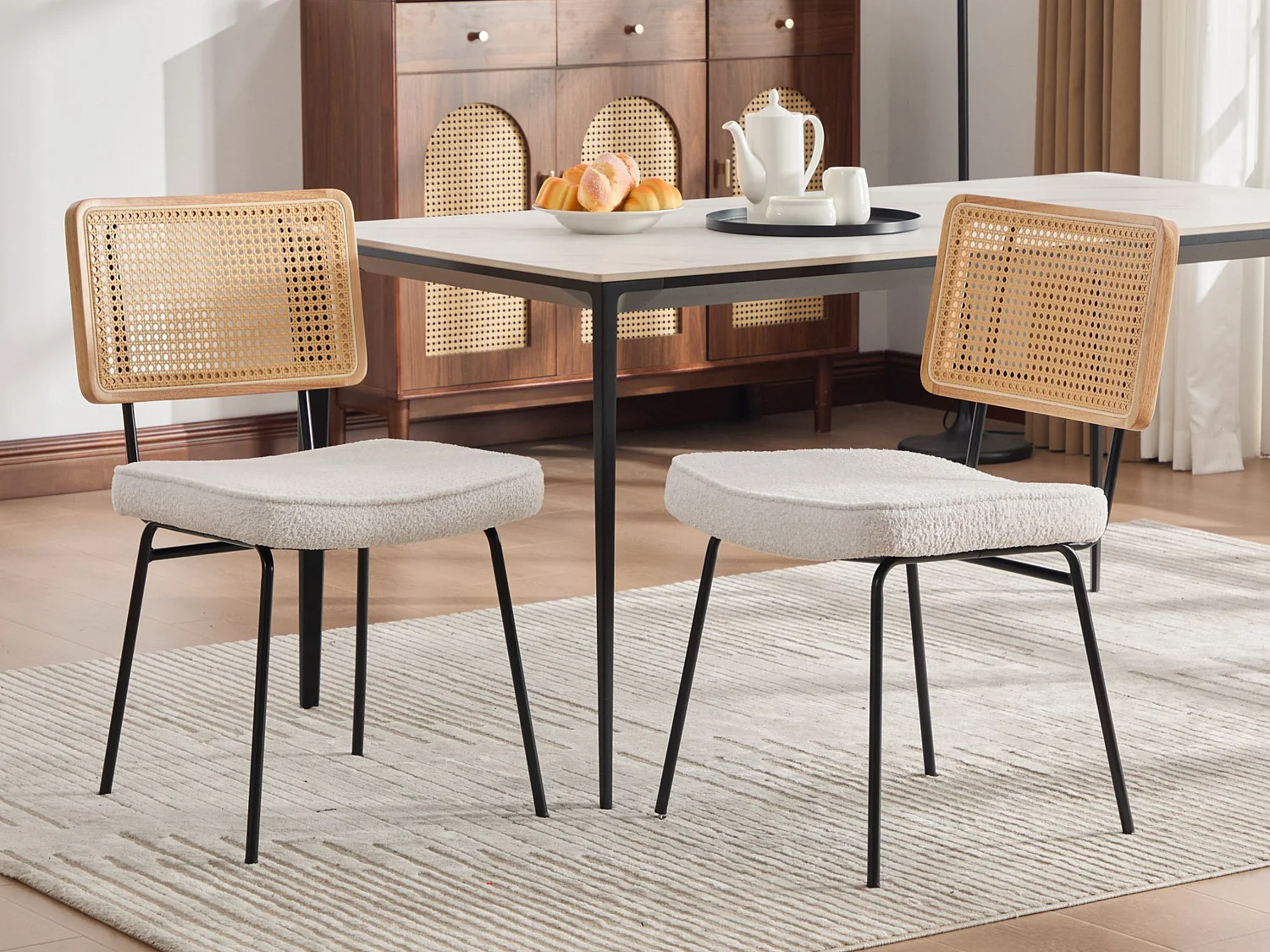 Set van 2 moderne vintage eetkamerstoelen met PE rotan rugleuning