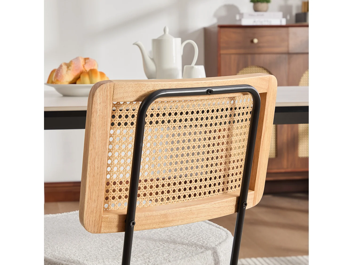 Set van 2 moderne vintage eetkamerstoelen met PE rotan rugleuning