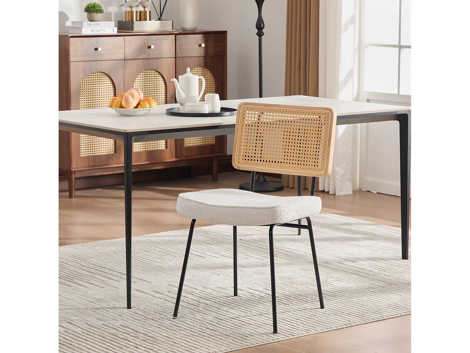 Set van 2 moderne vintage eetkamerstoelen met PE rotan rugleuning