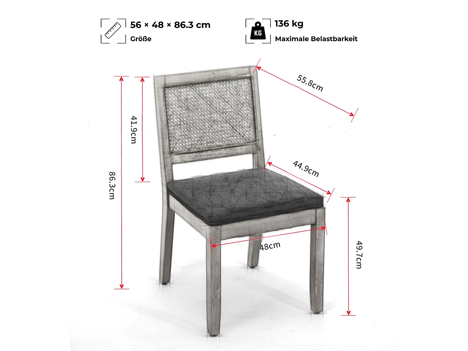 Set van 2 eetkamerstoelen met rotan rugleuning, massief houten poten, linnen zitting - Boho-stijl
