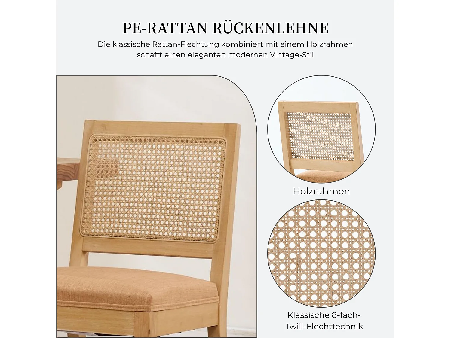 Set van 2 eetkamerstoelen met rotan rugleuning, massief houten poten, linnen zitting - Boho-stijl