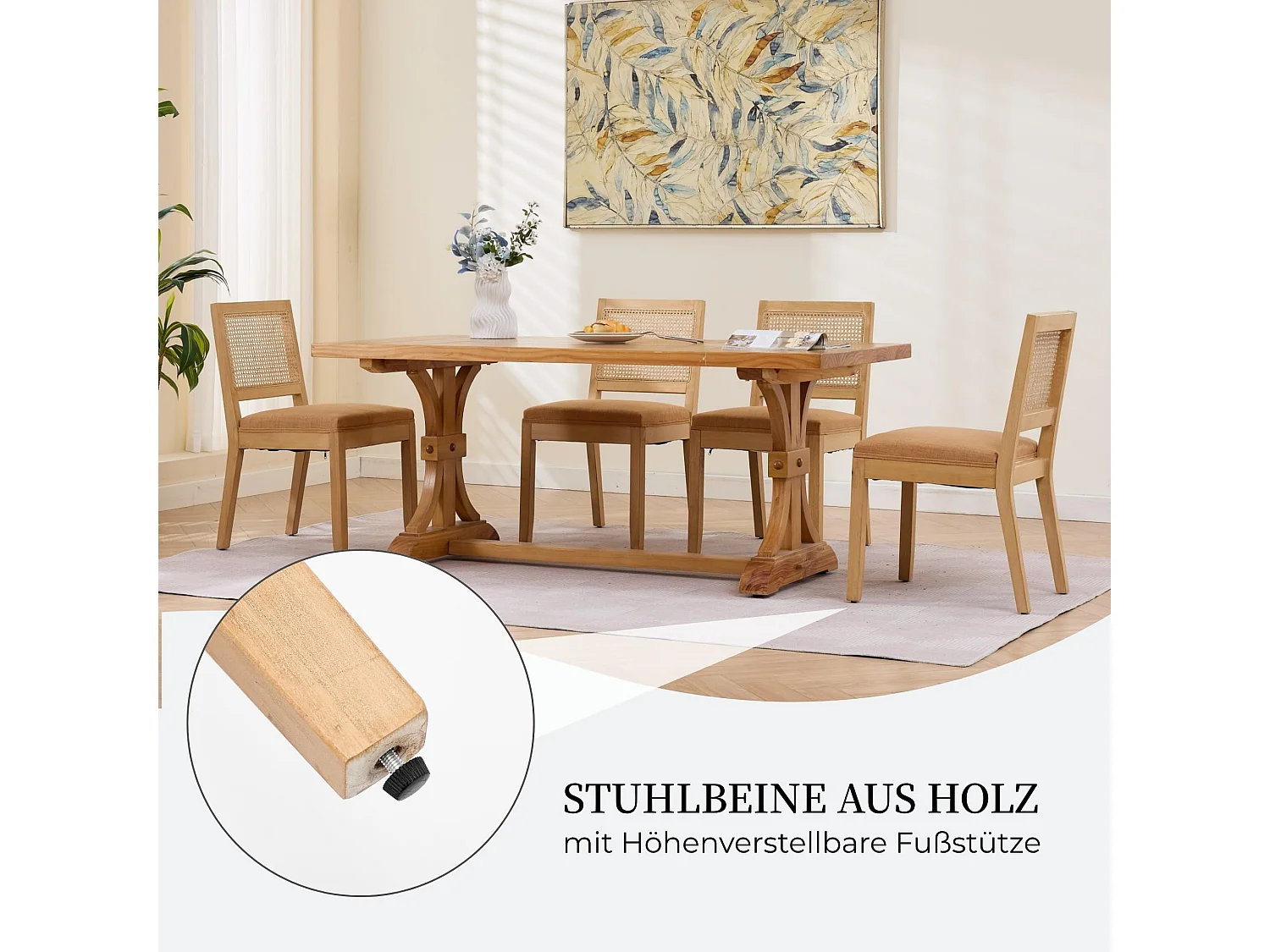 Set van 2 eetkamerstoelen met rotan rugleuning, massief houten poten, linnen zitting - Boho-stijl