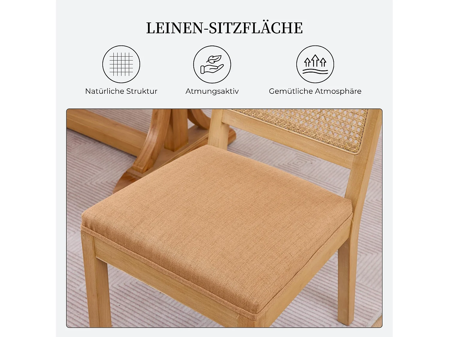 Set van 2 eetkamerstoelen met rotan rugleuning, massief houten poten, linnen zitting - Boho-stijl