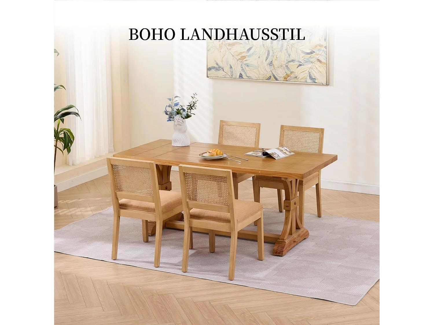 Set van 2 eetkamerstoelen met rotan rugleuning, massief houten poten, linnen zitting - Boho-stijl