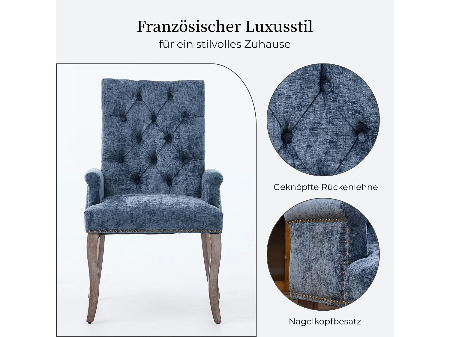 Chaise de salle à manger rembourrée en chenille de style luxueux français avec pieds en bois massif réglables et dossier capitonné avec boutons