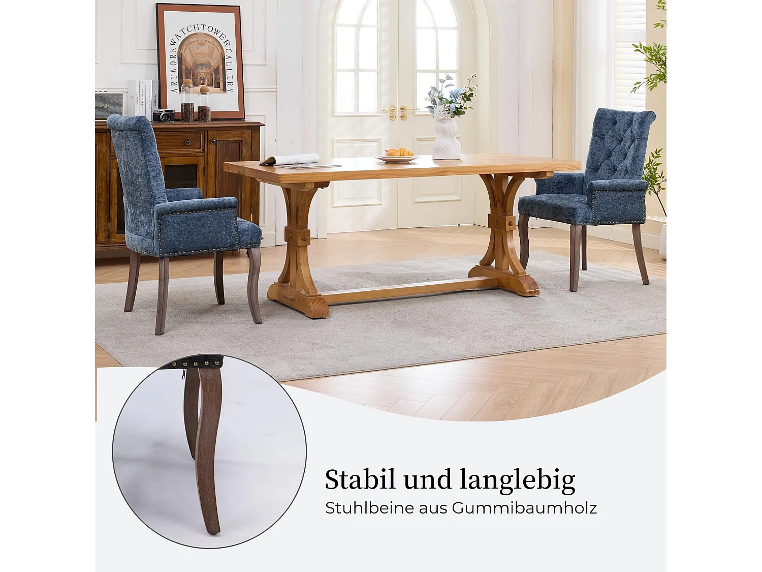 Chaise de salle à manger rembourrée en chenille de style luxueux français avec pieds en bois massif réglables et dossier capitonné avec boutons