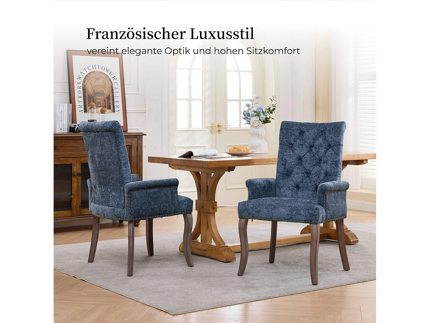 Chaise de salle à manger rembourrée en chenille de style luxueux français avec pieds en bois massif réglables et dossier capitonné avec boutons