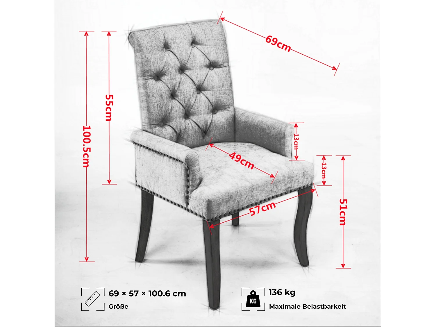 Chaise de salle à manger vintage avec accoudoirs capitonnage et cadre bois