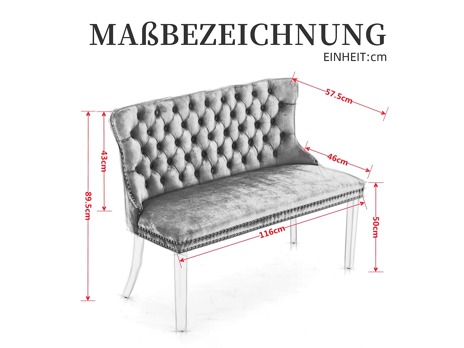 Esszimmerstuhl Esszimmerbank Samt Polsterbank, Ziernieten & Verstellbaren Stahlfüßen, Französischer Luxusstil Sitzbank inkl. Rückenlehne mit Knopfheftung