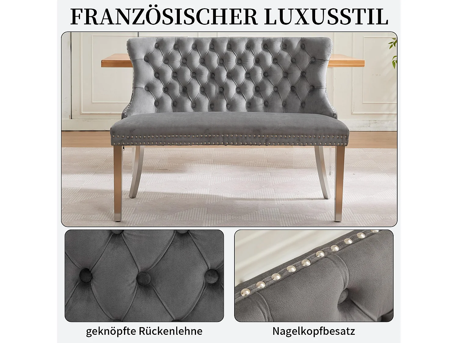 Esszimmerstuhl Esszimmerbank Samt Polsterbank, Ziernieten & Verstellbaren Stahlfüßen, Französischer Luxusstil Sitzbank inkl. Rückenlehne mit Knopfheftung