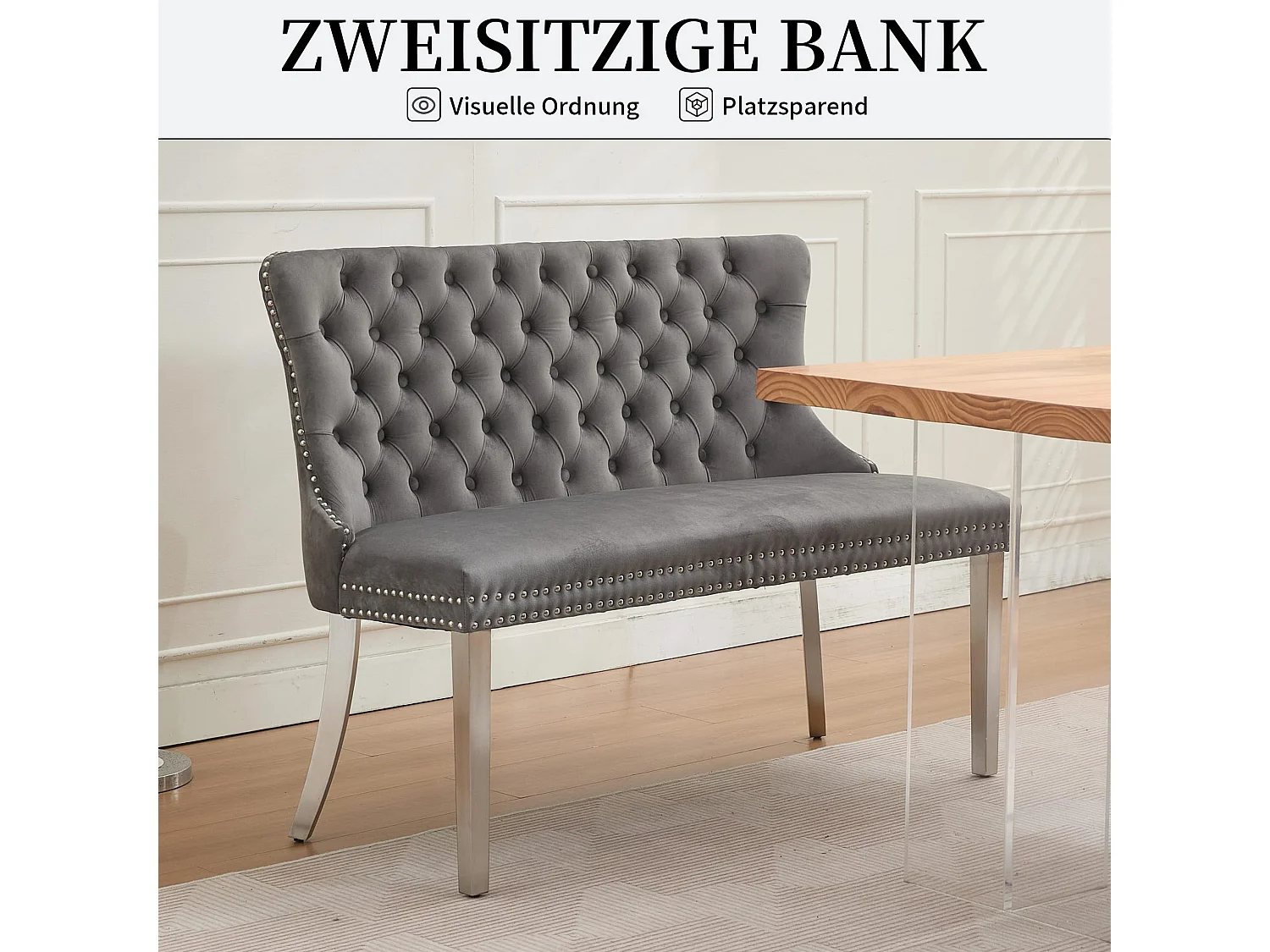 Esszimmerstuhl Esszimmerbank Samt Polsterbank, Ziernieten & Verstellbaren Stahlfüßen, Französischer Luxusstil Sitzbank inkl. Rückenlehne mit Knopfheftung