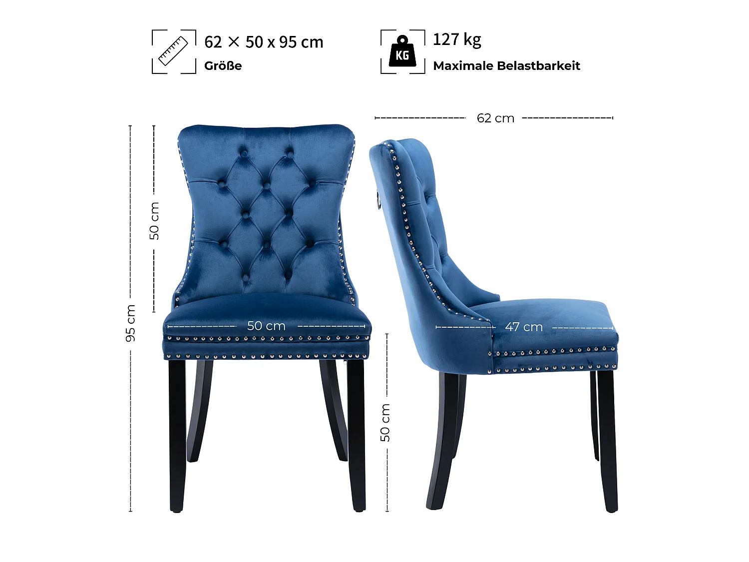 Set van 2 fluwelen eetkamerstoelen, gestoffeerde stoelen met verstelbare houten poten, ringgreep en gecapitonneerde rugleuning