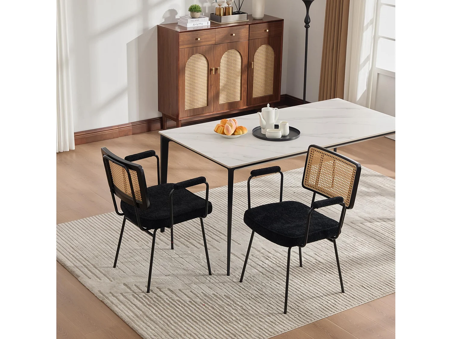 Moderne Vintage Eetkamerstoel Set van 2, PE Rattan Rugleuning, Chenille Bekleding, Metalen Frame, 105° Ondersteuning, 120kg Draagvermogen