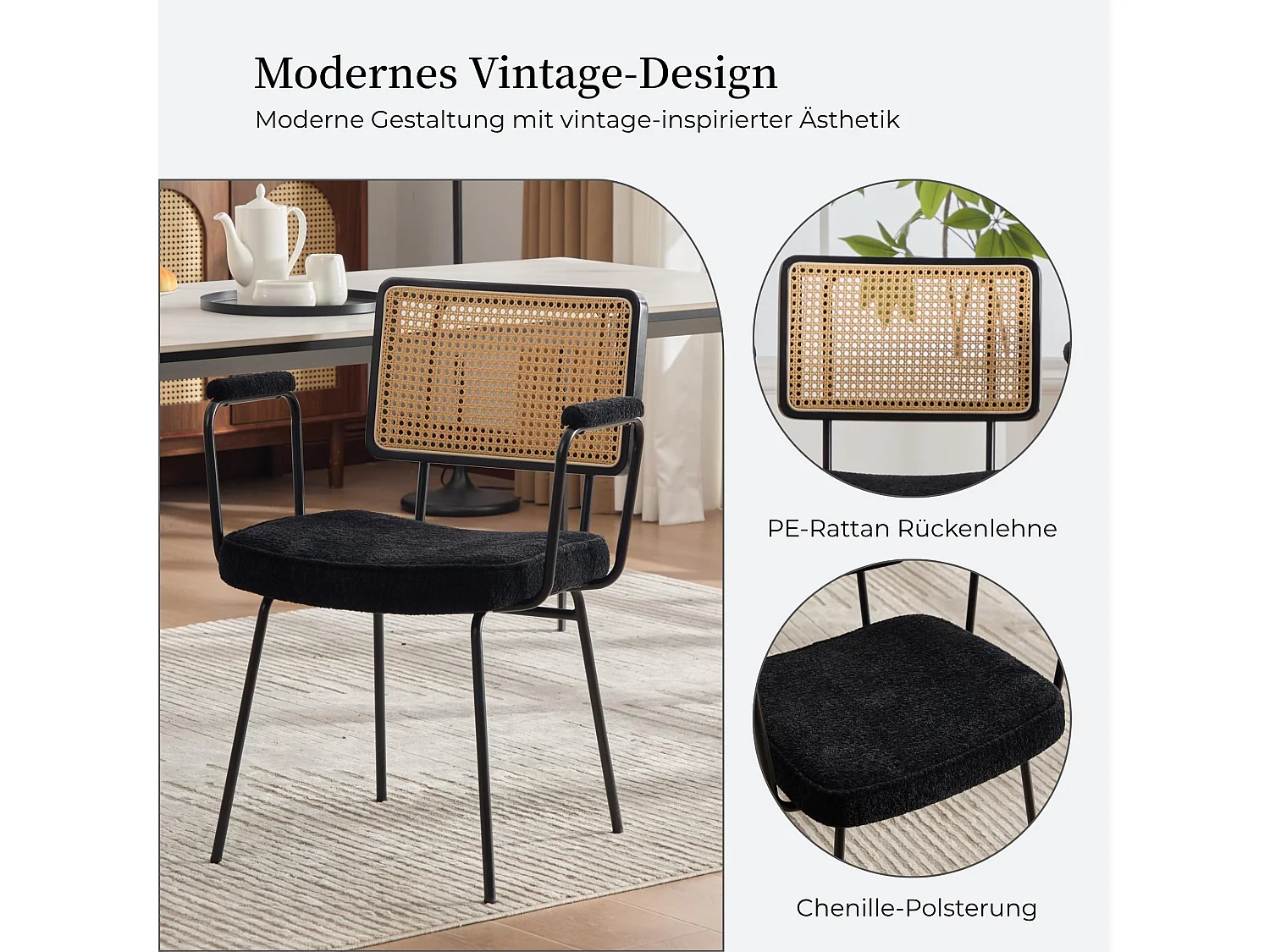 Moderne Vintage Eetkamerstoel Set van 2, PE Rattan Rugleuning, Chenille Bekleding, Metalen Frame, 105° Ondersteuning, 120kg Draagvermogen