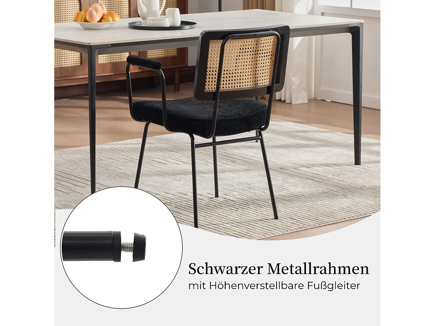 Moderne Vintage Eetkamerstoel Set van 2, PE Rattan Rugleuning, Chenille Bekleding, Metalen Frame, 105° Ondersteuning, 120kg Draagvermogen