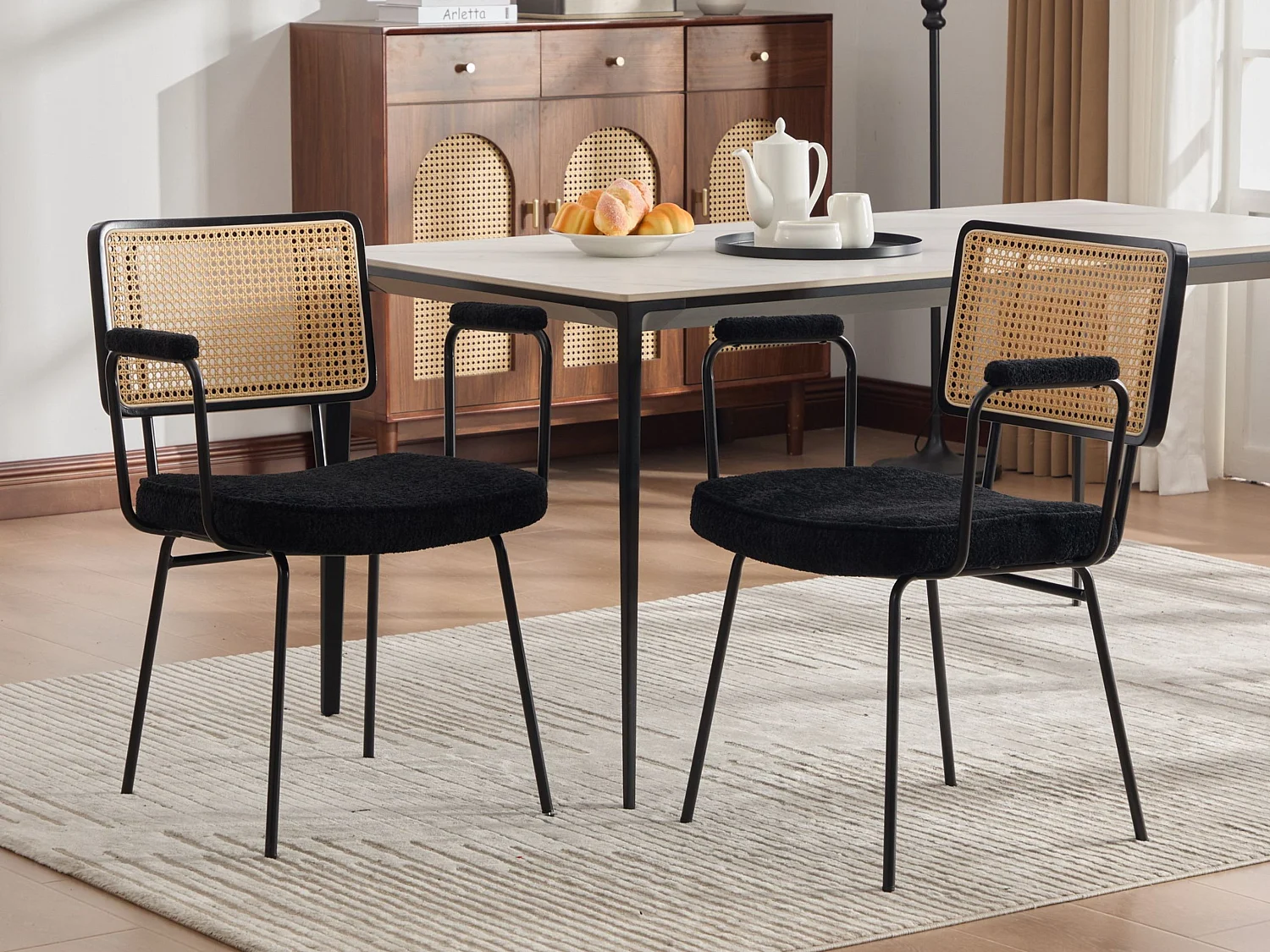 Set van 2 eetkamerstoelen met armleuningen en rugleuning in rotanlook