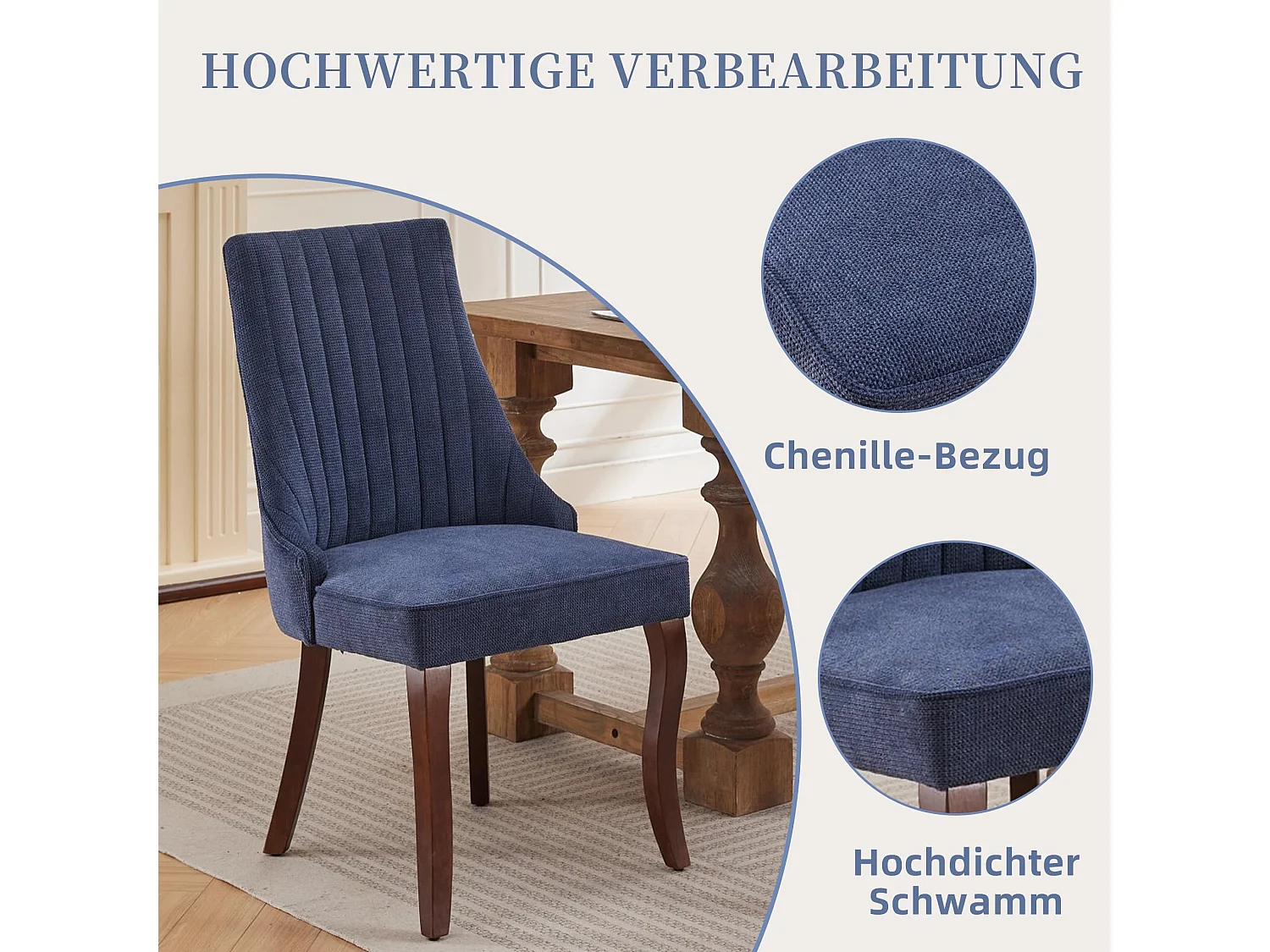 Ensemble de 2 chaises de salle à manger en chenille moderne avec pieds courbés et patins réglables - Bleu