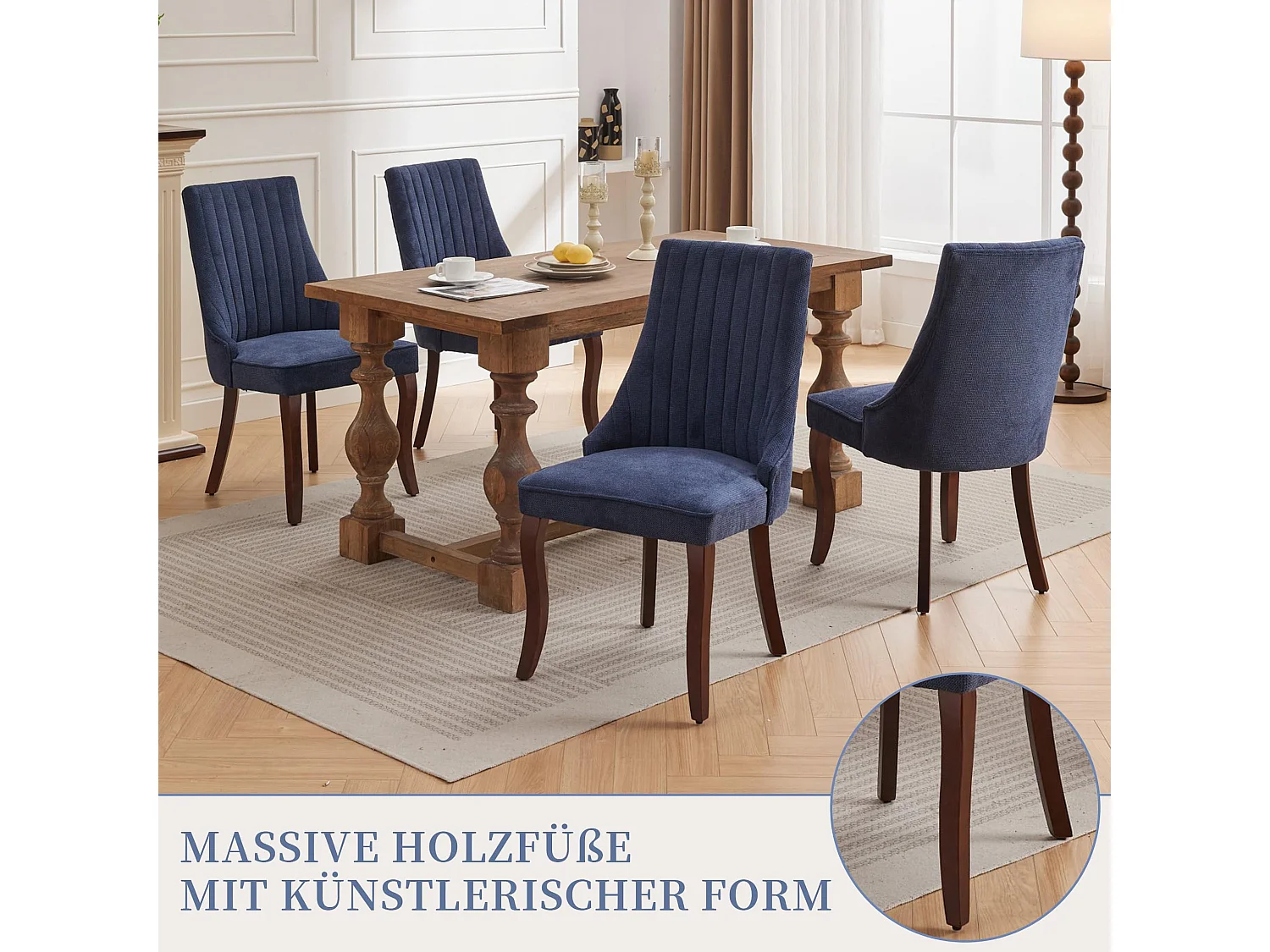 Ensemble de 2 chaises de salle à manger en chenille moderne avec pieds courbés et patins réglables - Bleu