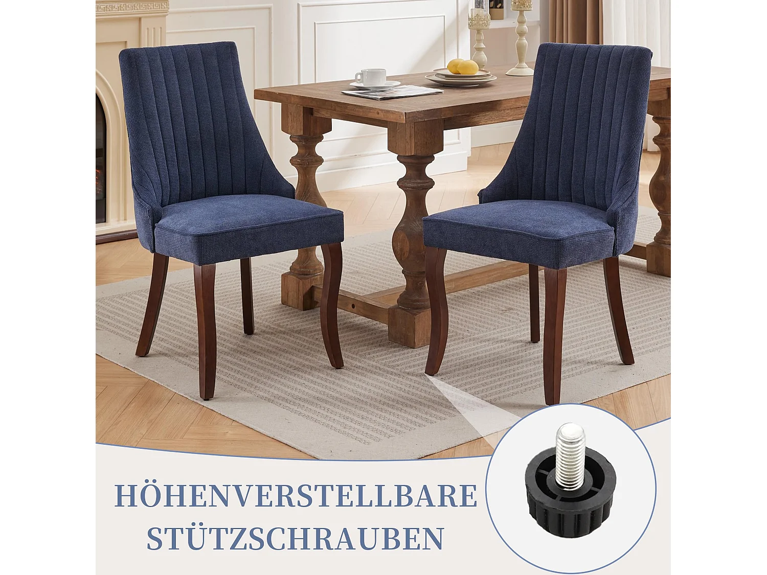 Ensemble de 2 chaises de salle à manger en chenille moderne avec pieds courbés et patins réglables - Bleu