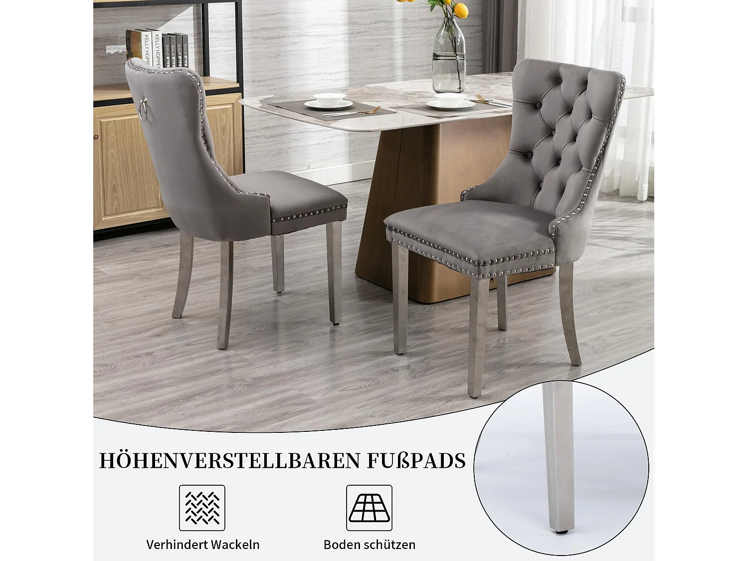 Esszimmerstühle 2er Set aus Samt, moderner Küchenstuhl, Polsterstuhl mit Ringgriff, Nieten und Knopf-Rückenlehne, Metallbein mit verstellbaren Fußpads