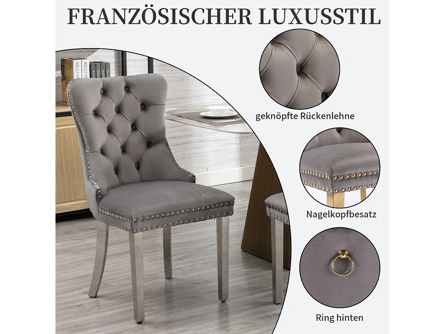 Set van 2 fluwelen eetkamerstoelen in Franse luxestijl met gecapitonneerde rug