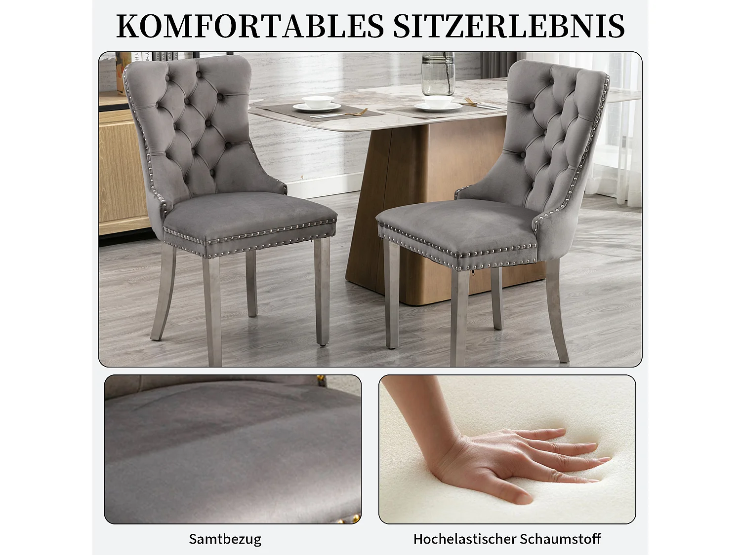 Set van 2 fluwelen eetkamerstoelen in Franse luxestijl met gecapitonneerde rug