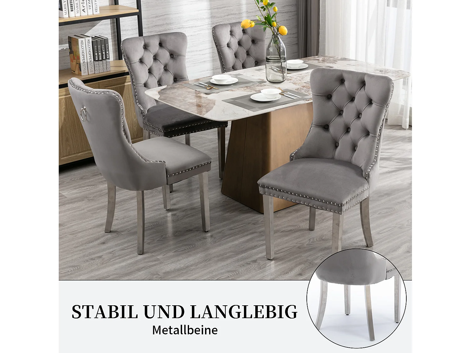 Set van 2 fluwelen eetkamerstoelen in Franse luxestijl met gecapitonneerde rug