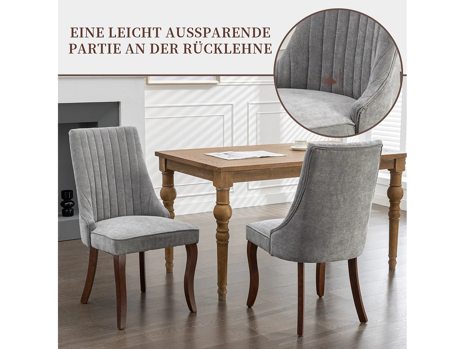 Lot de 2 chaises de salle à manger modernes en chenille avec haut dossier rainuré