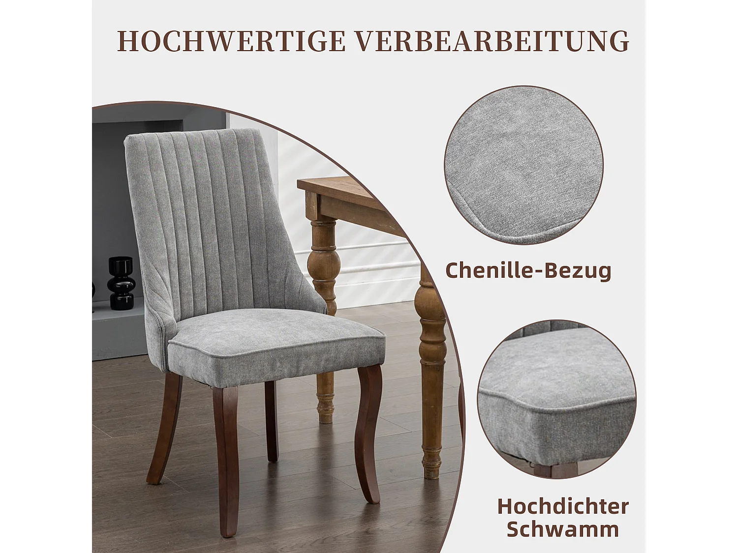 Lot de 2 chaises de salle à manger modernes en chenille avec haut dossier rainuré
