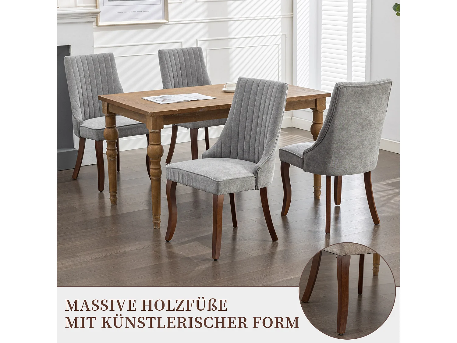 Lot de 2 chaises de salle à manger modernes en chenille avec haut dossier rainuré
