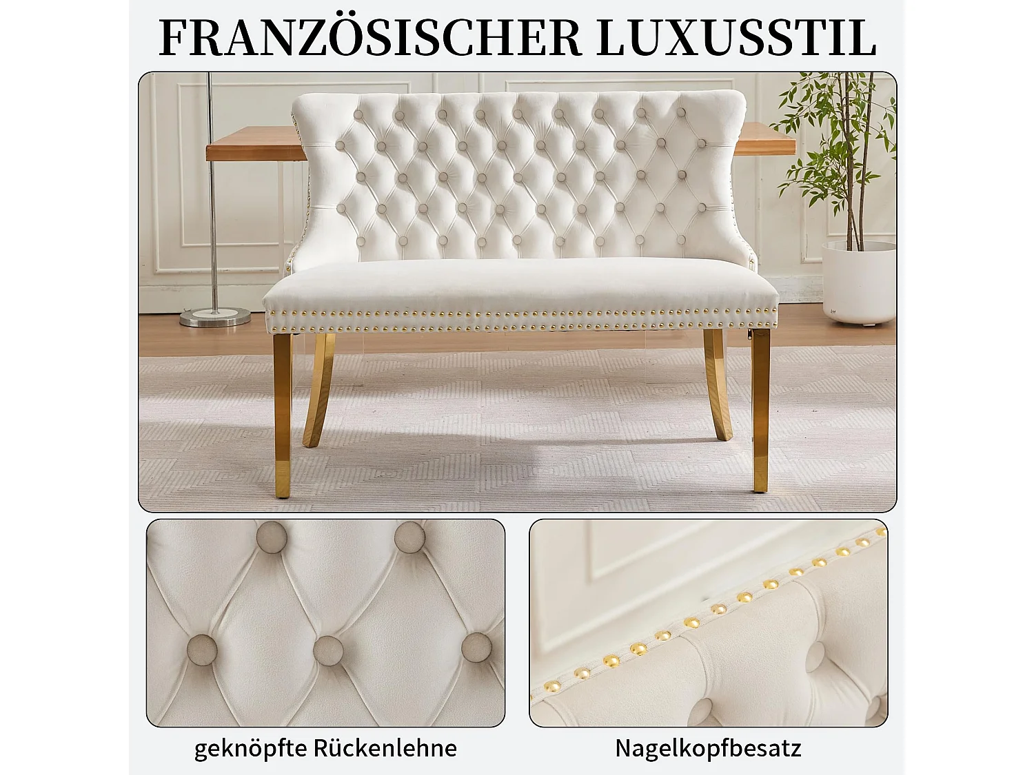Esszimmerstuhl Esszimmerbank Samt Polsterbank, Ziernieten & Verstellbaren Stahlfüßen, Französischer Luxusstil Sitzbank inkl. Rückenlehne mit Knopfheftung