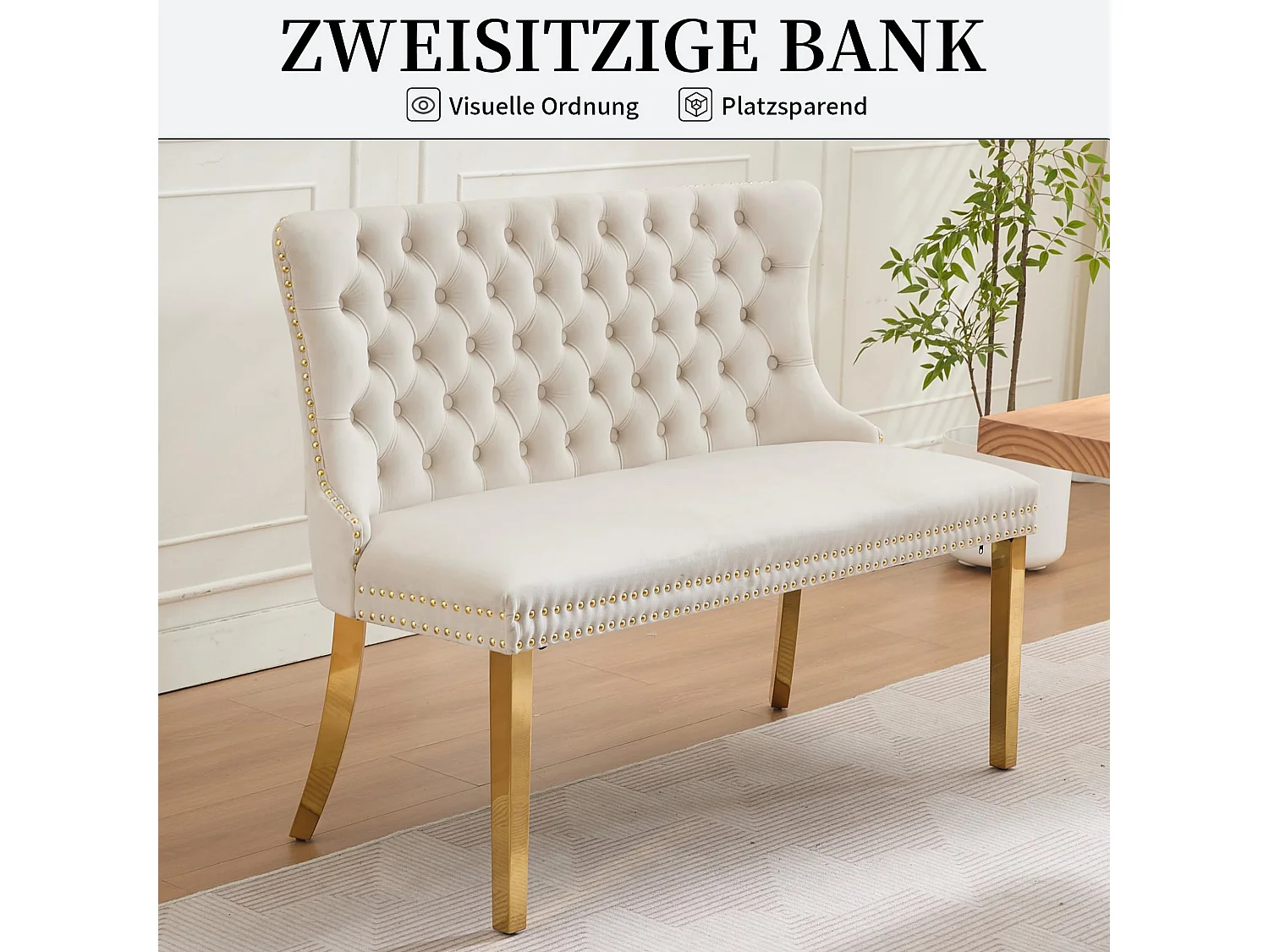 Esszimmerstuhl Esszimmerbank Samt Polsterbank, Ziernieten & Verstellbaren Stahlfüßen, Französischer Luxusstil Sitzbank inkl. Rückenlehne mit Knopfheftung