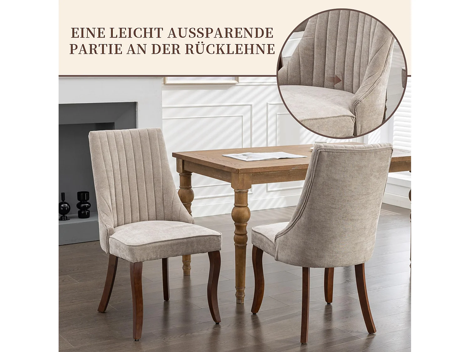 Ensemble de 2 chaises de cuisine modernes avec revêtement en chenille, dossier haut, patins de pied réglables - Beige