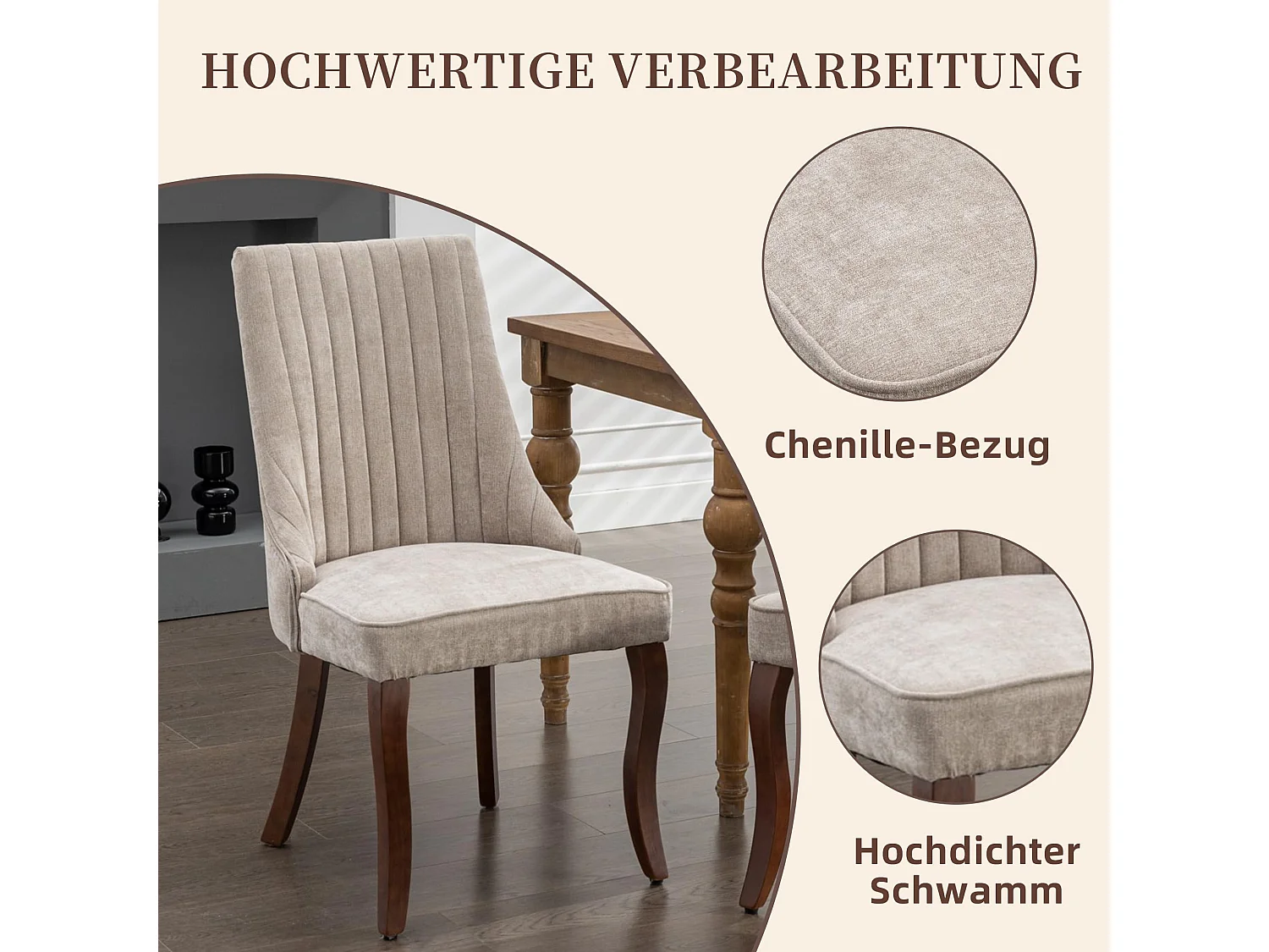 Ensemble de 2 chaises de cuisine modernes avec revêtement en chenille, dossier haut, patins de pied réglables - Beige