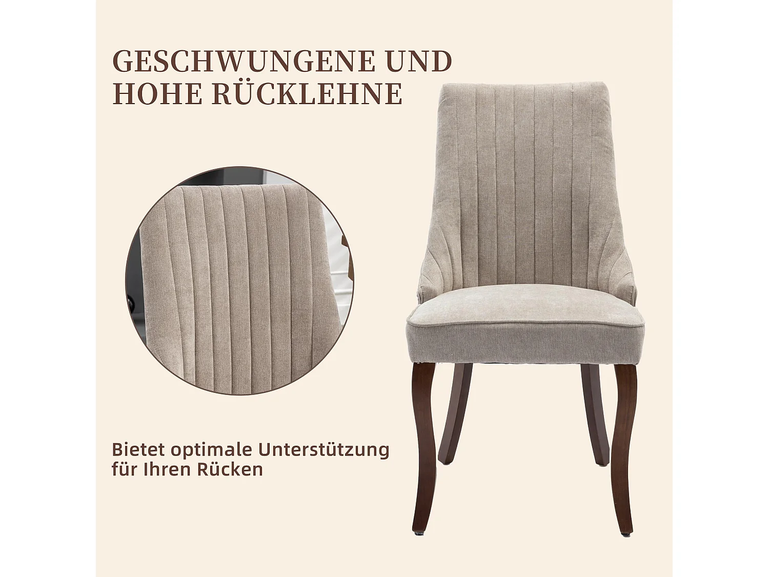 Ensemble de 2 chaises de cuisine modernes avec revêtement en chenille, dossier haut, patins de pied réglables - Beige