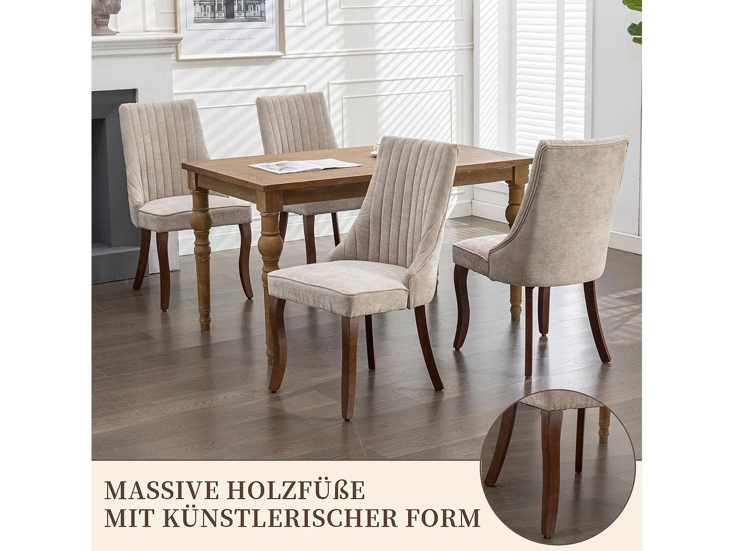 Ensemble de 2 chaises de cuisine modernes avec revêtement en chenille, dossier haut, patins de pied réglables - Beige