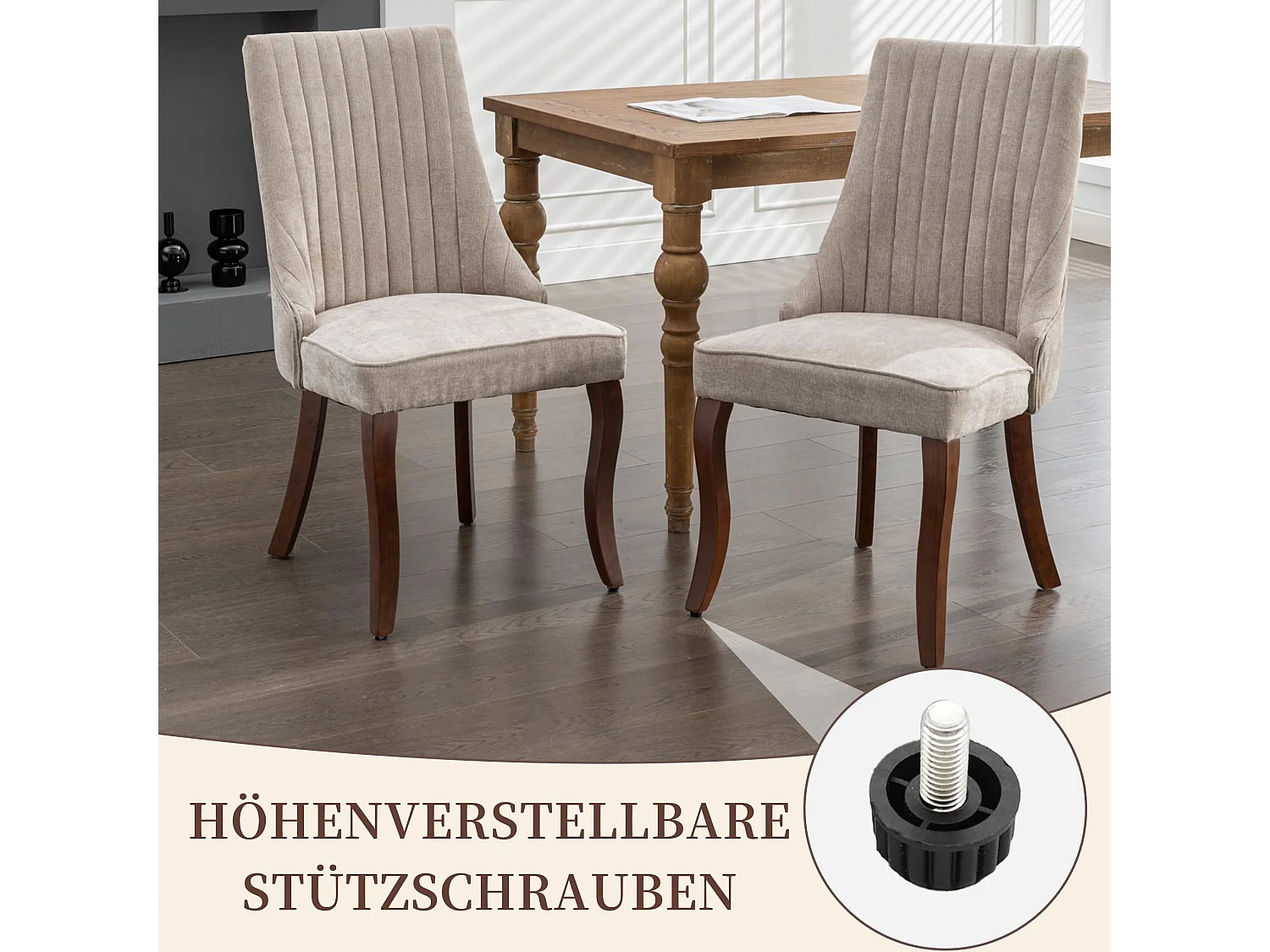 Ensemble de 2 chaises de cuisine modernes avec revêtement en chenille, dossier haut, patins de pied réglables - Beige