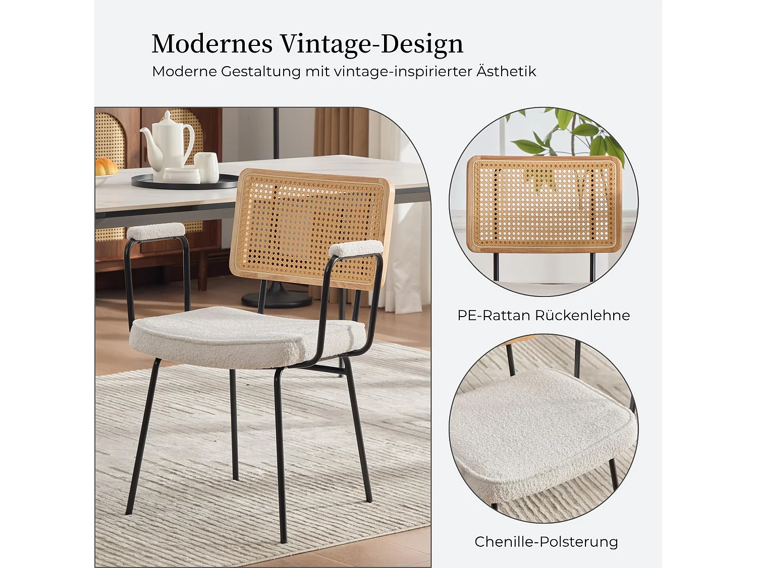 Moderner Vintage Esszimmerstuhl 2er Set, PE-Rattan Rücken, Chenille Polster, Metallrahmen, 105° Arm- und Rückenstütze, 120kg Belastbarkeit