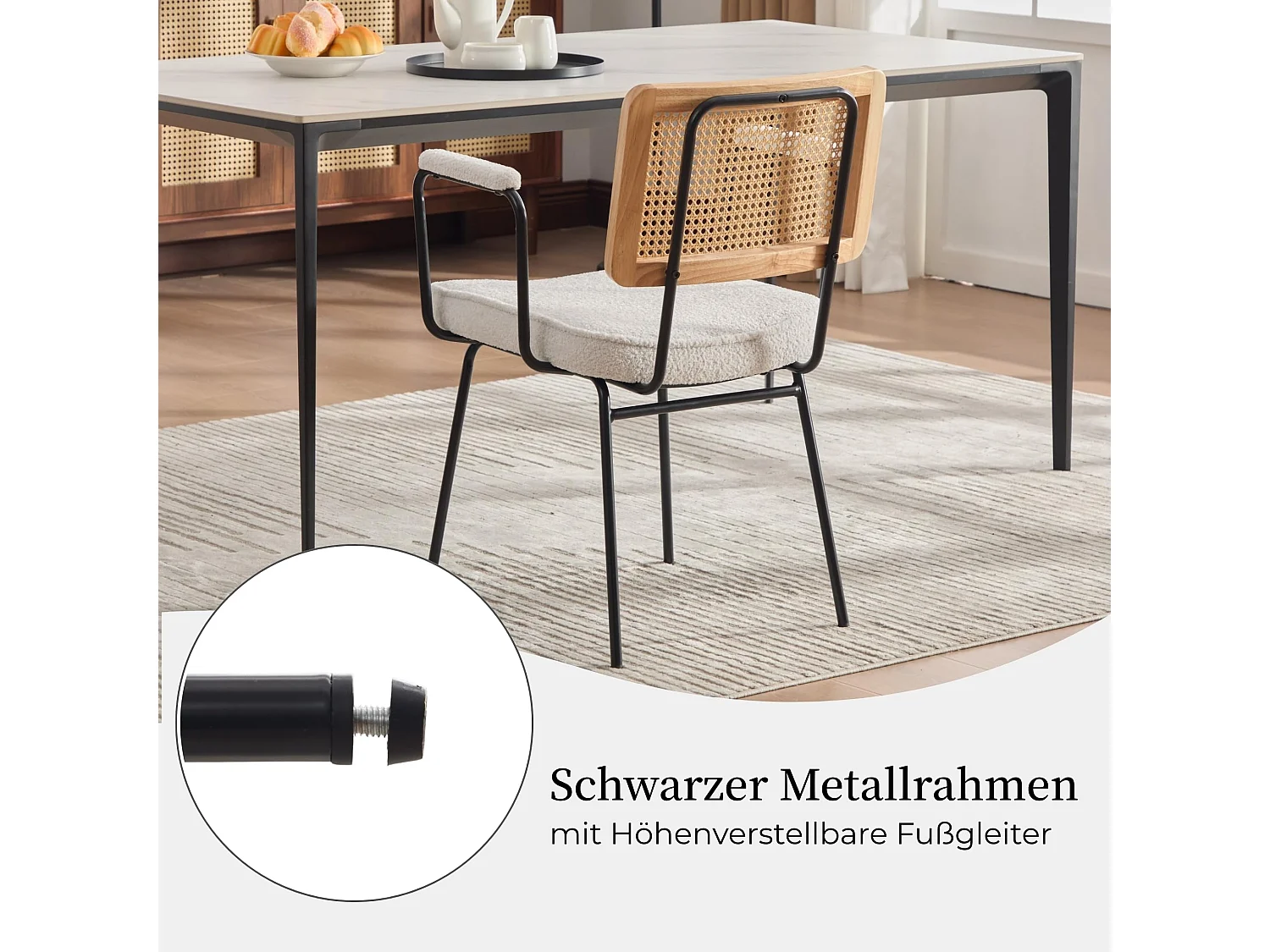 Moderner Vintage Esszimmerstuhl 2er Set, PE-Rattan Rücken, Chenille Polster, Metallrahmen, 105° Arm- und Rückenstütze, 120kg Belastbarkeit