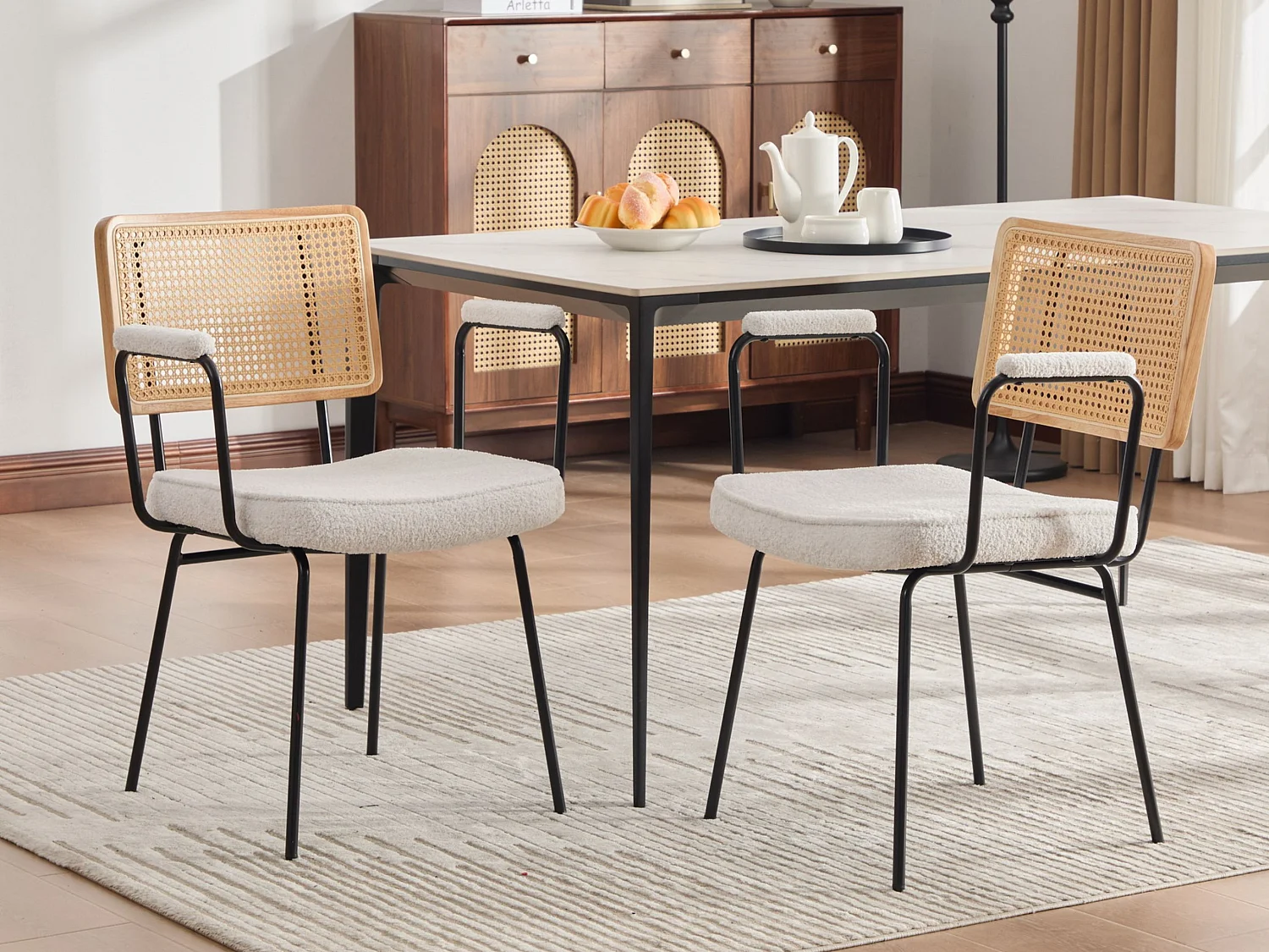 Set van 2 eetkamerstoelen met armleuningen en rugleuning in rotanlook