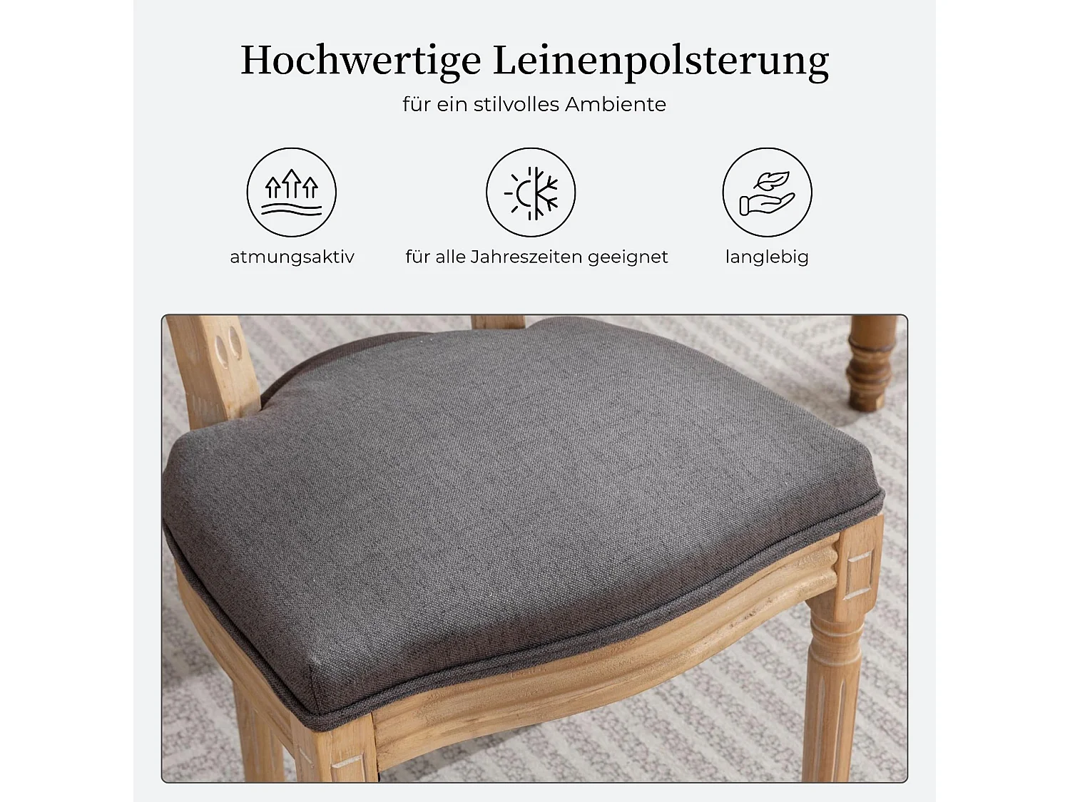 2er Set Esszimmerstuhl im Französischen Stil Küchenstühle aus Massivholz-Gestell, mit Rattan-Rückenlehne,  Polsterstuhl inkl. Leinenbezug Sitzfläche