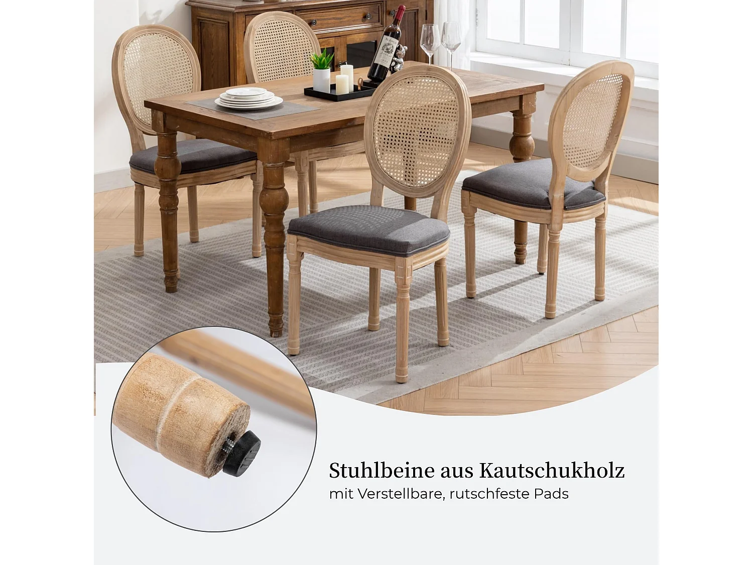 2er Set Esszimmerstuhl im Französischen Stil Küchenstühle aus Massivholz-Gestell, mit Rattan-Rückenlehne,  Polsterstuhl inkl. Leinenbezug Sitzfläche