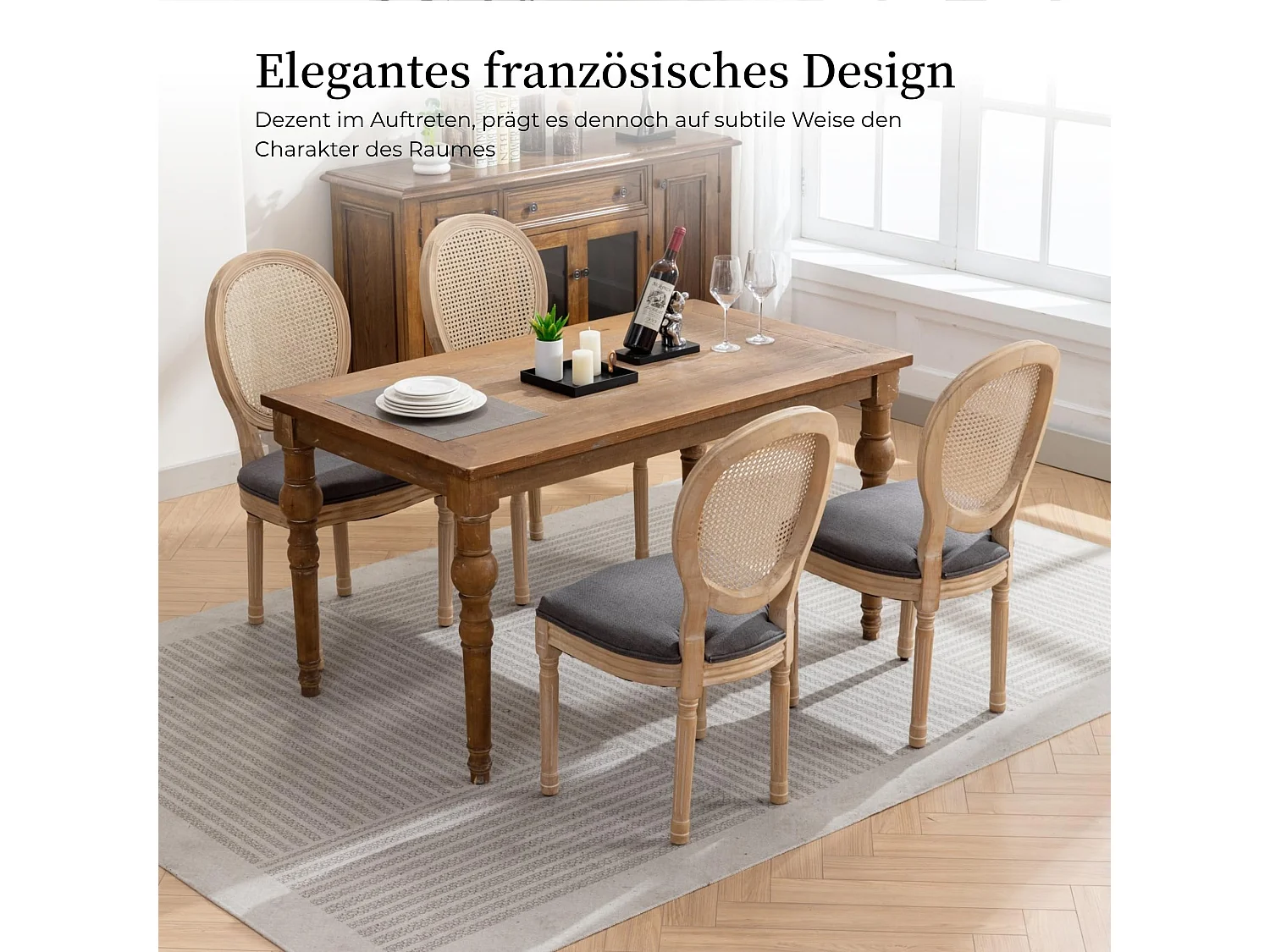 2er Set Esszimmerstuhl im Französischen Stil Küchenstühle aus Massivholz-Gestell, mit Rattan-Rückenlehne,  Polsterstuhl inkl. Leinenbezug Sitzfläche