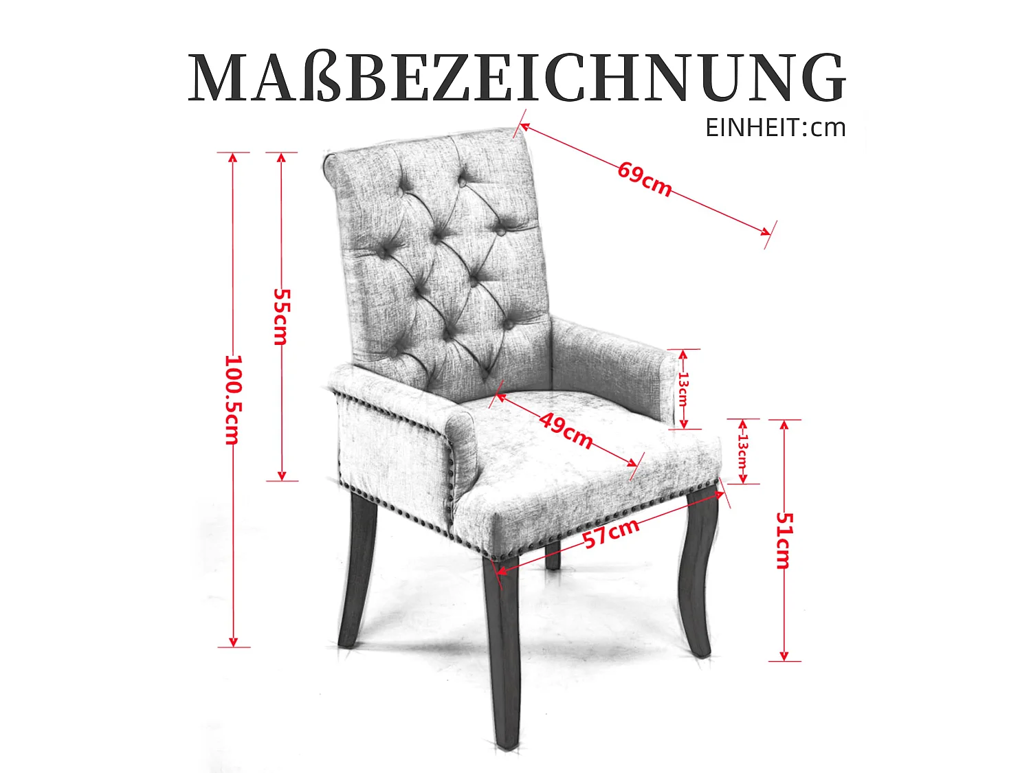 Esszimmerstuhl mit Armlehnen Chenille Polsterstuhl mit Verstellbaren Massivholzbeinen, Einzelsitz, in französischem Luxusstil, Rückenlehne mit Knopfheftung
