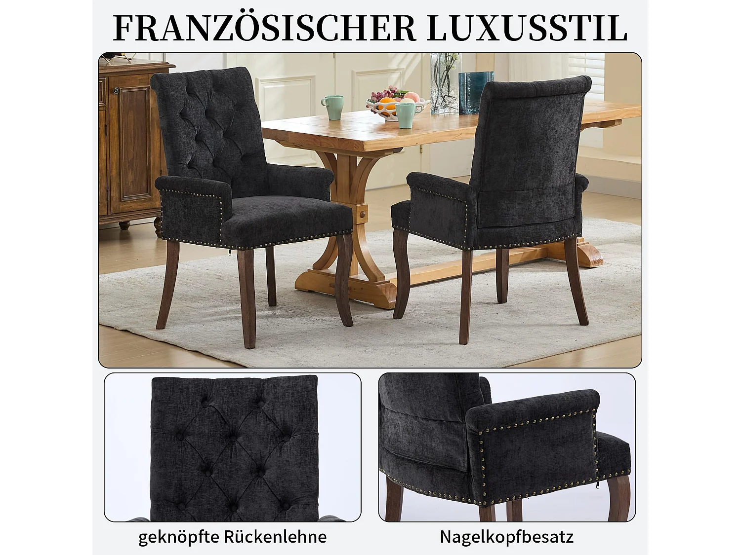 Esszimmerstuhl mit Armlehnen Chenille Polsterstuhl mit Verstellbaren Massivholzbeinen, Einzelsitz, in französischem Luxusstil, Rückenlehne mit Knopfheftung