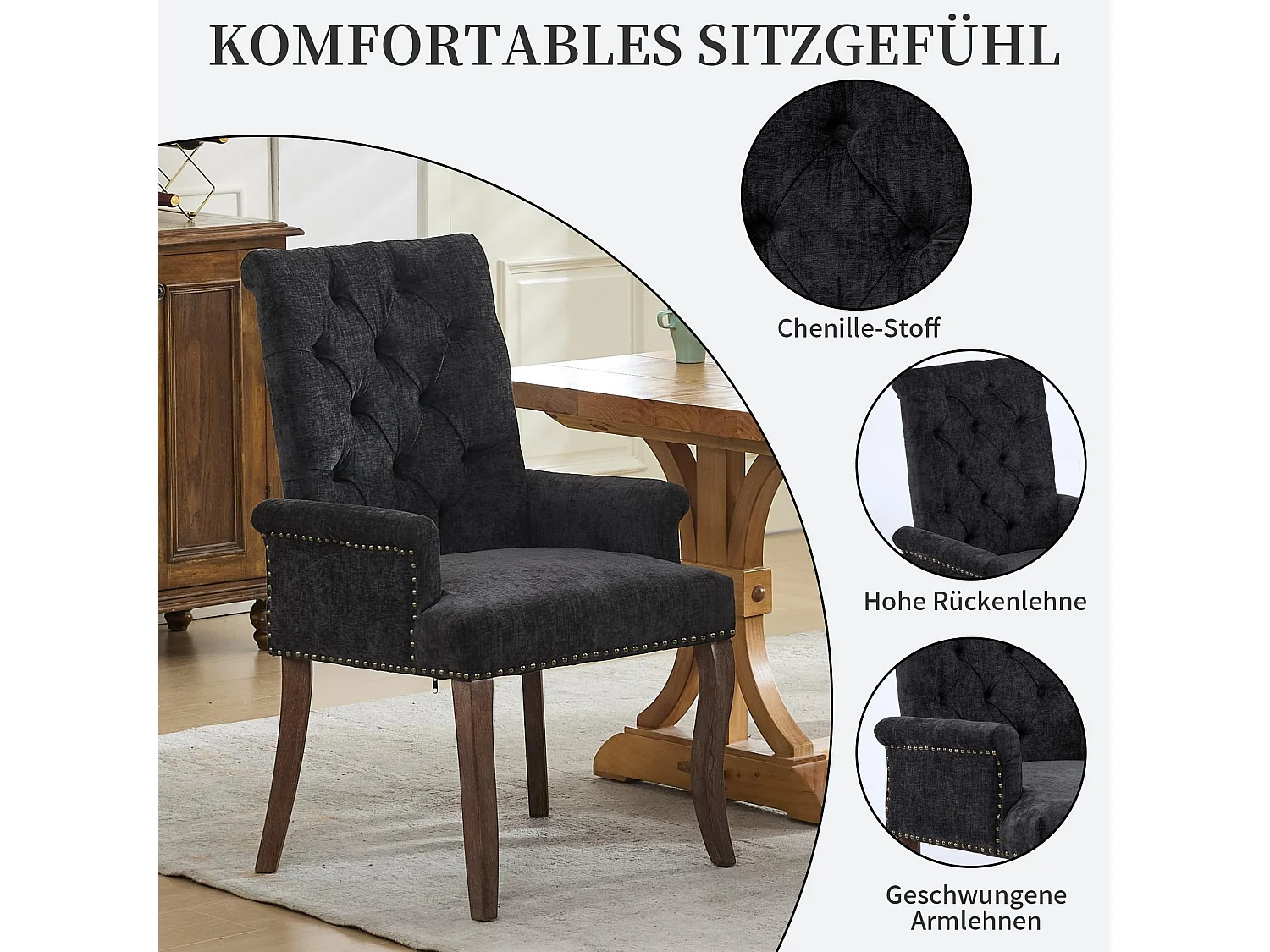 Esszimmerstuhl mit Armlehnen Chenille Polsterstuhl mit Verstellbaren Massivholzbeinen, Einzelsitz, in französischem Luxusstil, Rückenlehne mit Knopfheftung