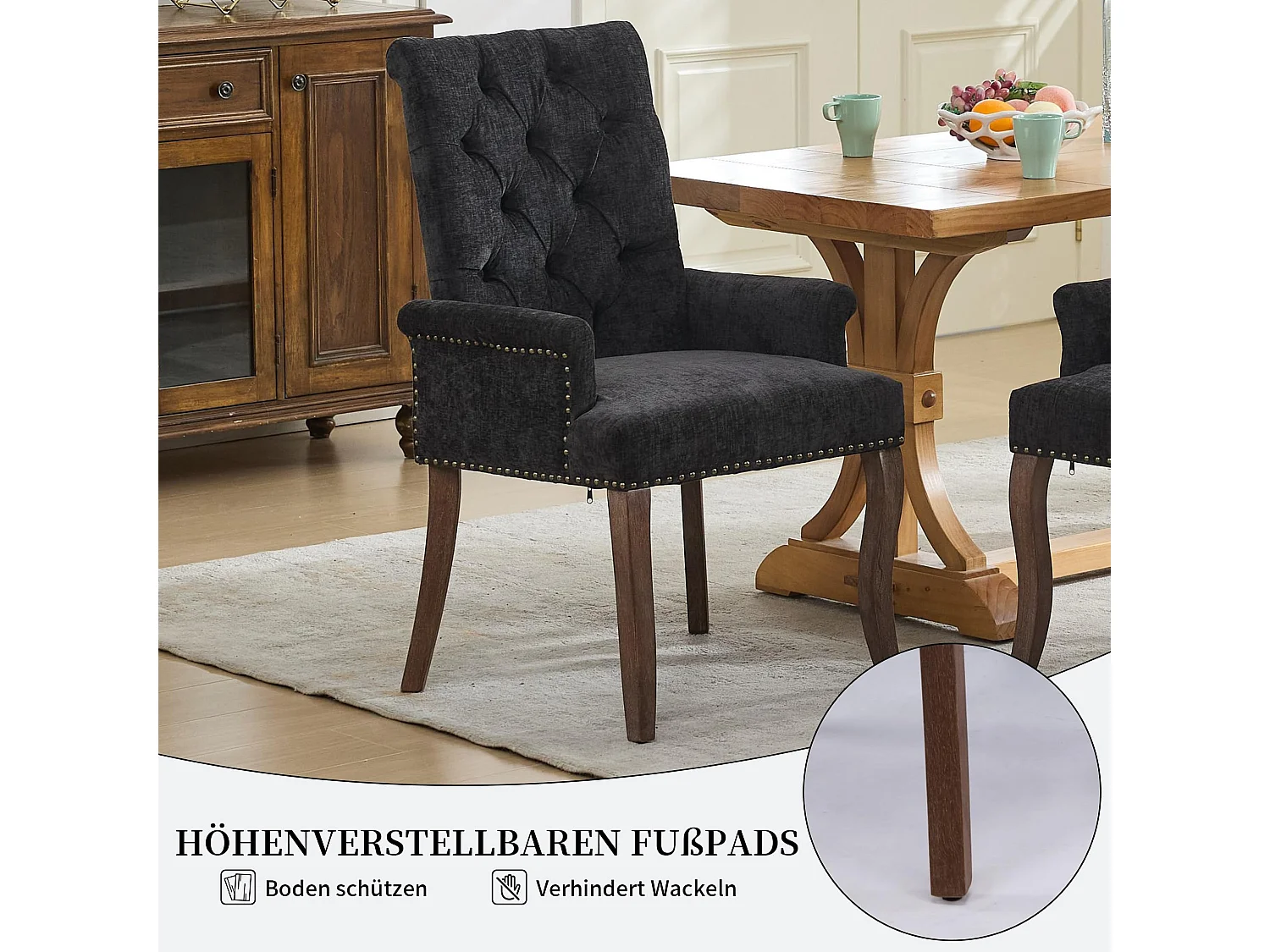 Esszimmerstuhl mit Armlehnen Chenille Polsterstuhl mit Verstellbaren Massivholzbeinen, Einzelsitz, in französischem Luxusstil, Rückenlehne mit Knopfheftung