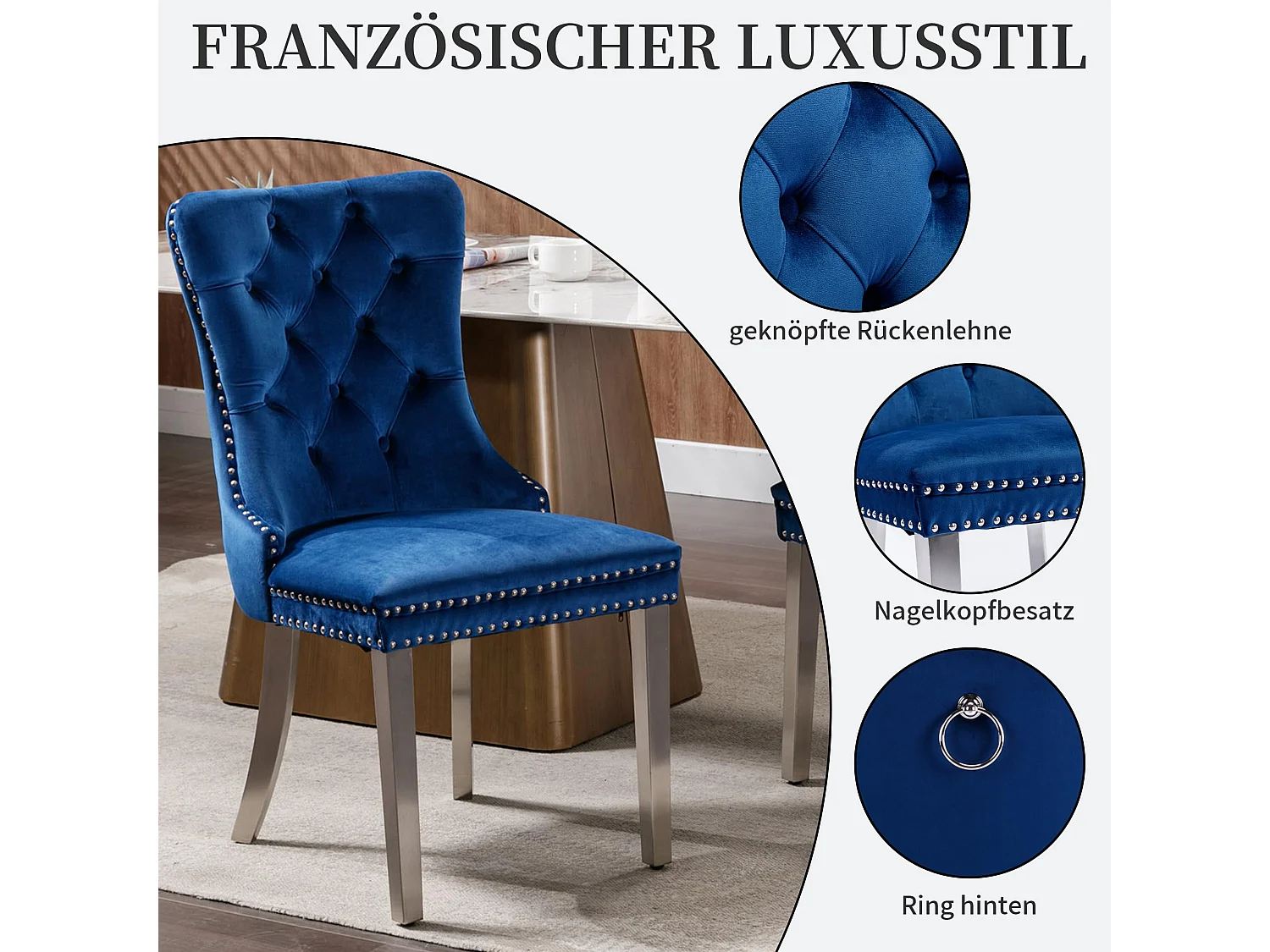 Ensemble de 2 chaises de salle à manger en velours avec poignée en anneau, bordure cloutée, dossier capitonné avec boutons, pieds métalliques réglables