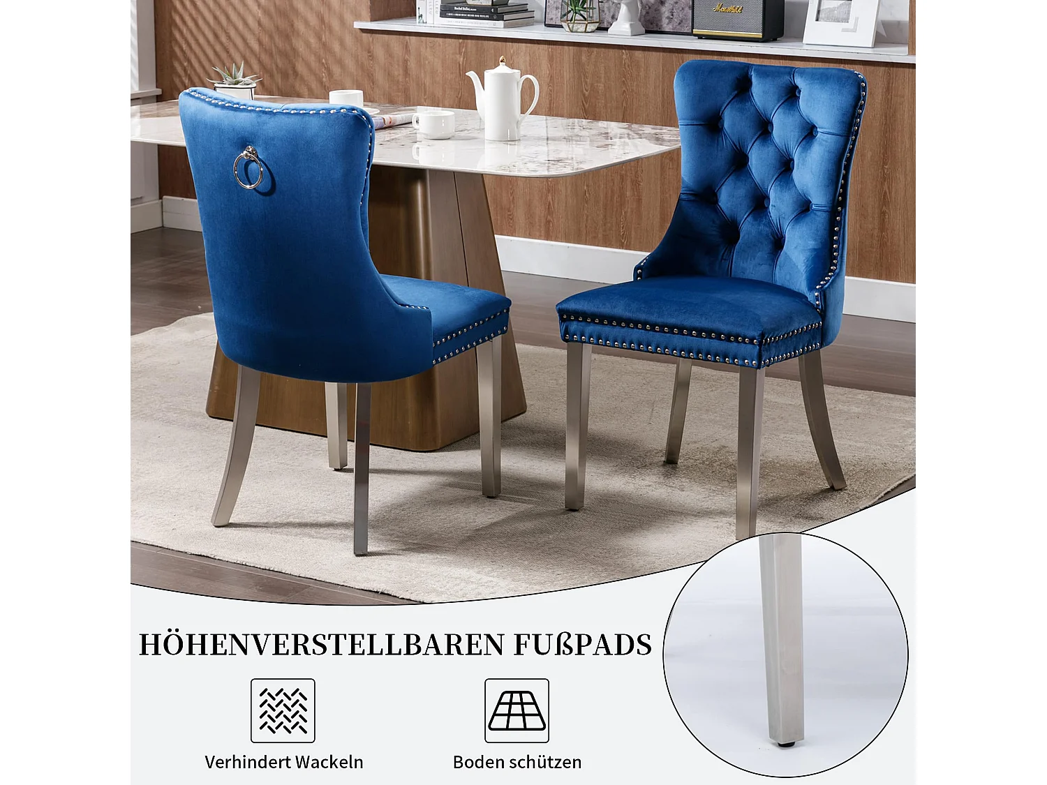 Ensemble de 2 chaises de salle à manger en velours avec poignée en anneau, bordure cloutée, dossier capitonné avec boutons, pieds métalliques réglables