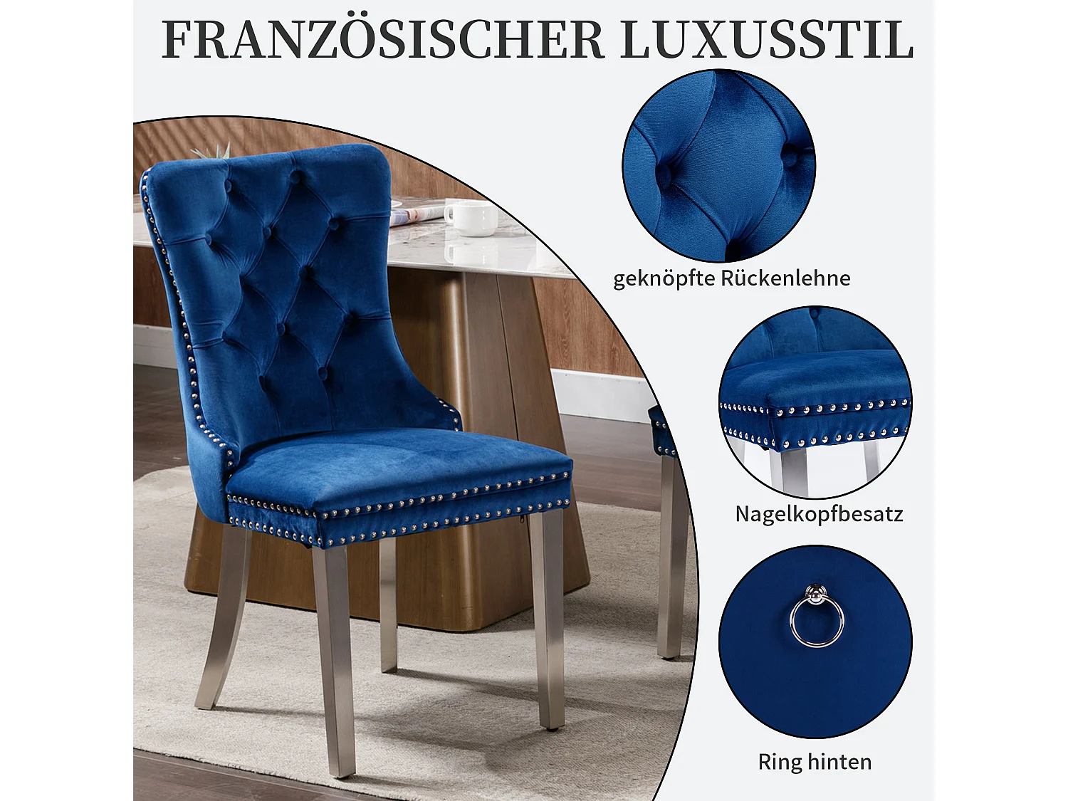 Set van 2 fluwelen eetkamerstoelen in Franse luxestijl met gecapitonneerde rug